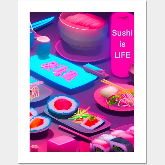 Neon Pink and Blue Sushi Quote Sushi is Life Art Wall Art by TshirtLABS